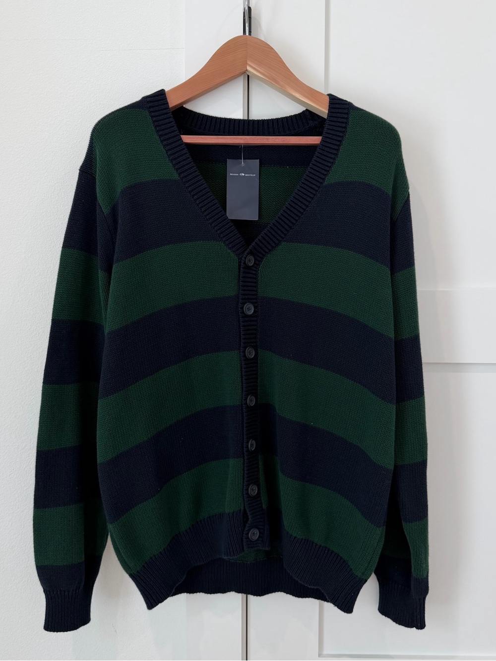 Brandy Melville Green and Navy Striped V-Neck Cardigan